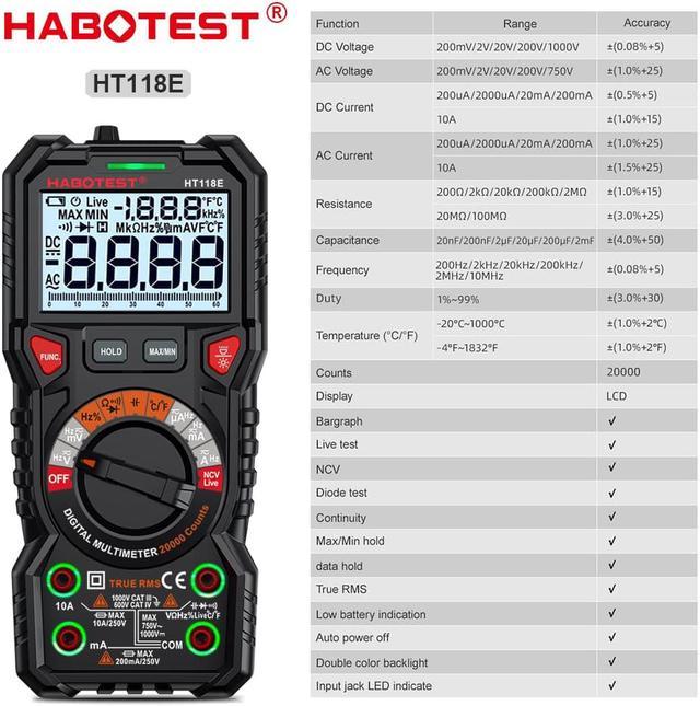 Achetez HABOTEST HT118A Auto Range Multimètre Numérique RMS RMS AC DC Ohm  hz NCV Live Tension Temperature Metter de Chine