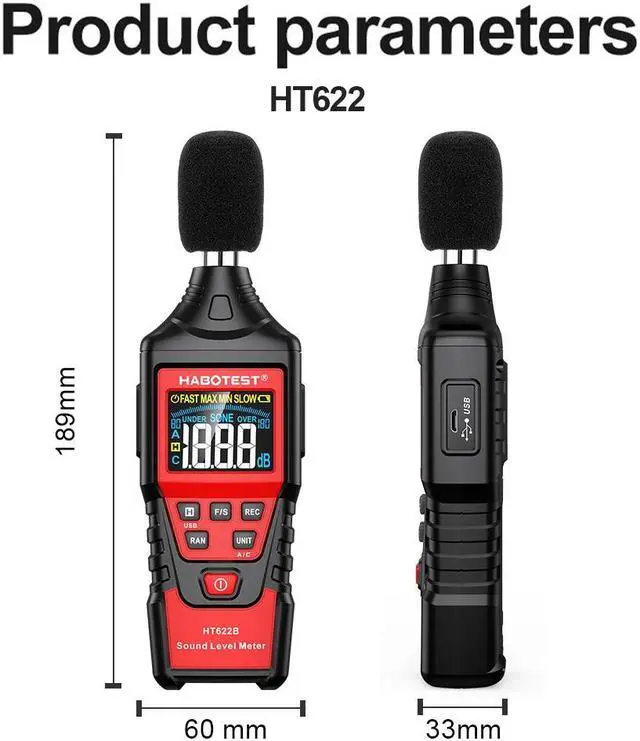 Alt view image 6 of 7 - HABOTEST HT622A Digital Sound Level Meter Noise Meter Logger 30~130dbA Digital dB Meter Noise Measuring Instrument