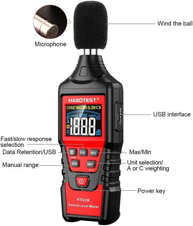 Alt view image 5 of 7 - HABOTEST HT622A Digital Sound Level Meter Noise Meter Logger 30~130dbA Digital dB Meter Noise Measuring Instrument