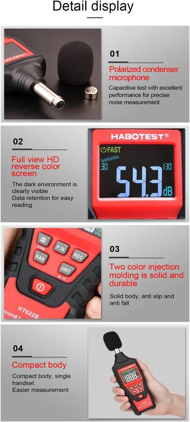 Alt view image 4 of 7 - HABOTEST HT622A Digital Sound Level Meter Noise Meter Logger 30~130dbA Digital dB Meter Noise Measuring Instrument
