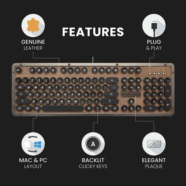 Alt view image 7 of 7 - Azio Retro Classic USB (Elwood) - Wired Vintage Backlit Mechanical Keyboard for PC, Walnut Wood (MK-RETRO-W-01-US)