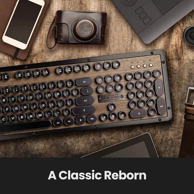 Alt view image 3 of 7 - Azio Retro Classic USB (Elwood) - Wired Vintage Backlit Mechanical Keyboard for PC, Walnut Wood (MK-RETRO-W-01-US)