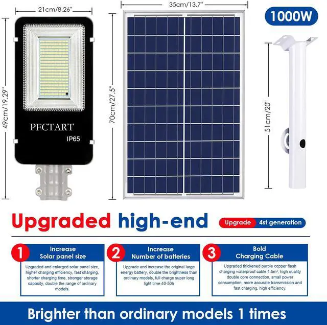 Alt view image 6 of 7 - PFCTART 1000W Solar Street Light 1800 LED Large Solar Flood Light Dusk to Dawn Road Lamp