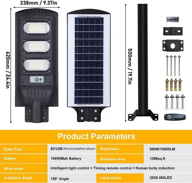Alt view image 2 of 7 - Solar Street Light 300W Watts Light Control&PIR Motion Sensor Dusk to Dawn