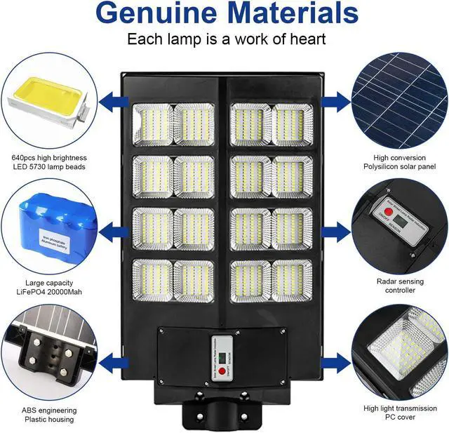 Alt view image 4 of 7 - PFCTART 1500W Commercial Solar Street Light Outdoor Parking Lot Light Dusk to Dawn IP65 Waterproof 6500K Solar Security Flood Lights Solar Lamp for Yard, Road, Basketball Courts
