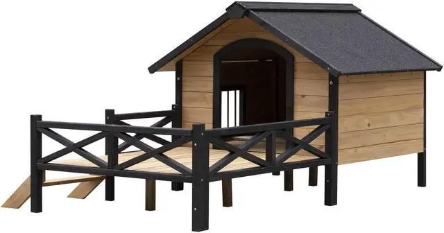 Alt view image 3 of 7 - Outdoor Large Wooden Cabin House Style Wooden Pet Dog Kennel With Porch
