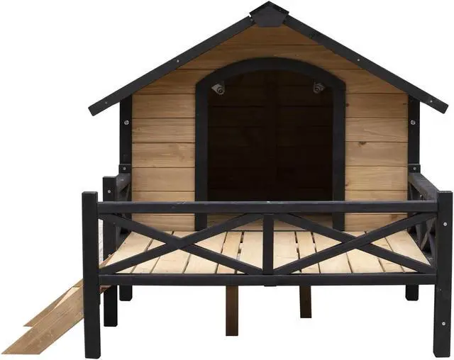 Alt view image 6 of 7 - Outdoor Large Wooden Cabin House Style Wooden Pet Dog Kennel With Porch