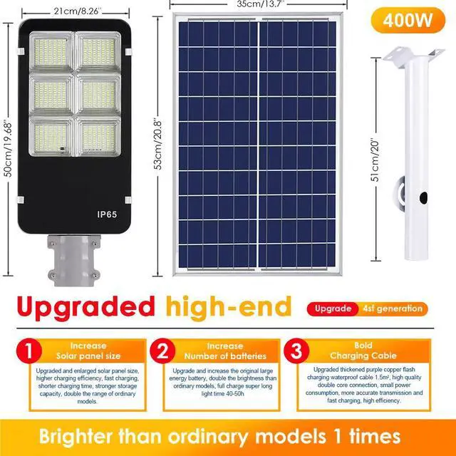Alt view image 2 of 7 - 9900000000LM 400W Commercial LED Solar Street Light Dusk to Dawn Road Lamp+Pole+Remote