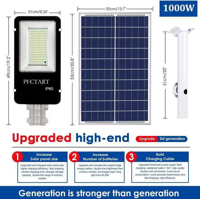 Alt view image 4 of 7 - PFCTART 1000W Commercial Solar Street Flood Light Lamp Outdoor Dusk to Dawn Wall Lamp, IP65 6500k LED Street Light with Remote Control for Garage, Yard, Barn, Road