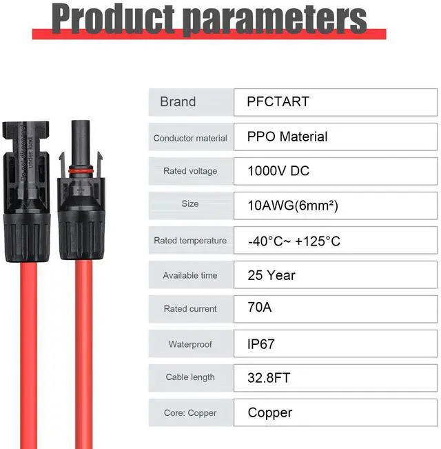 Alt view image 2 of 7 - PFCTART 32.8FT Black + Red Connectors 10AWG Gauge 6mm² Cable 1 Pair Solar Panel Extension Cable Wire 10M