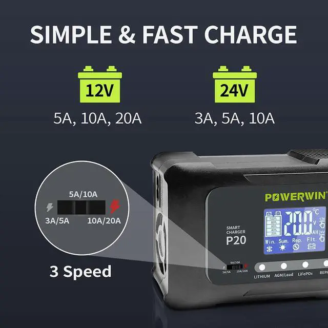 Alt view image 4 of 7 - POWERWIN Smart Charger P20 12V20A 24V10A Automatic 9-stage Fast Charge with Pulse Repair Function for AGM Lead-acid lithium LiFePO4 LCD