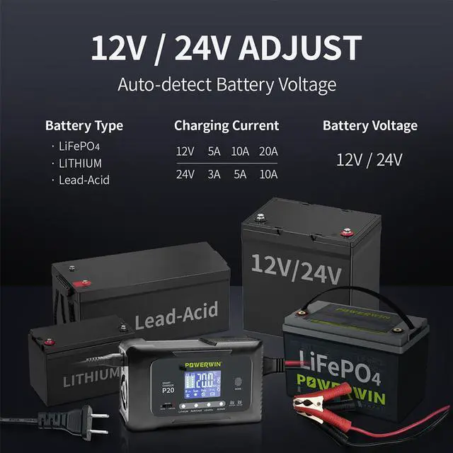 Alt view image 2 of 7 - POWERWIN Smart Charger P20 12V20A 24V10A Automatic 9-stage Fast Charge with Pulse Repair Function for AGM Lead-acid lithium LiFePO4 LCD