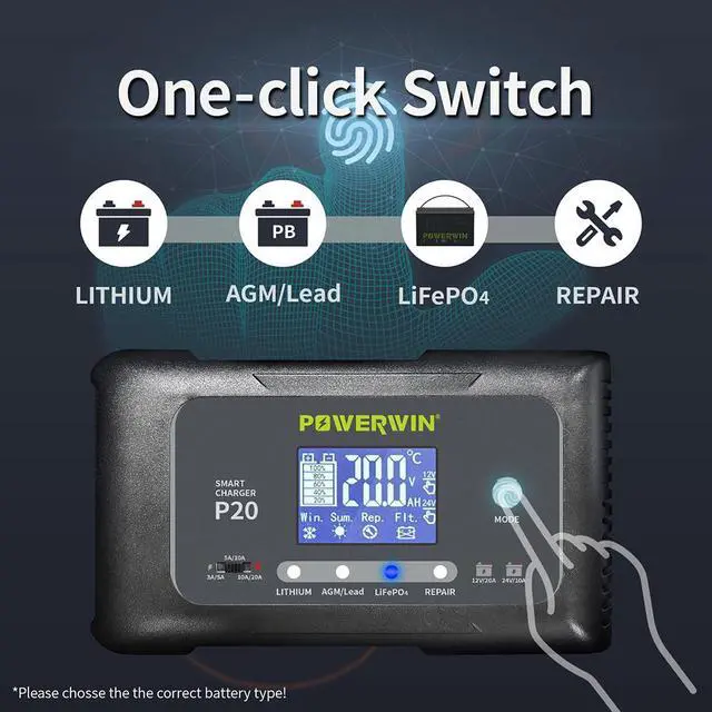 Alt view image 3 of 7 - POWERWIN Smart Charger P20 12V20A 24V10A Automatic 9-stage Fast Charge with Pulse Repair Function for AGM Lead-acid lithium LiFePO4 LCD