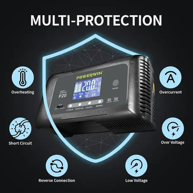 Alt view image 5 of 7 - POWERWIN Smart Charger P20 12V20A 24V10A Automatic 9-stage Fast Charge with Pulse Repair Function for AGM Lead-acid lithium LiFePO4 LCD