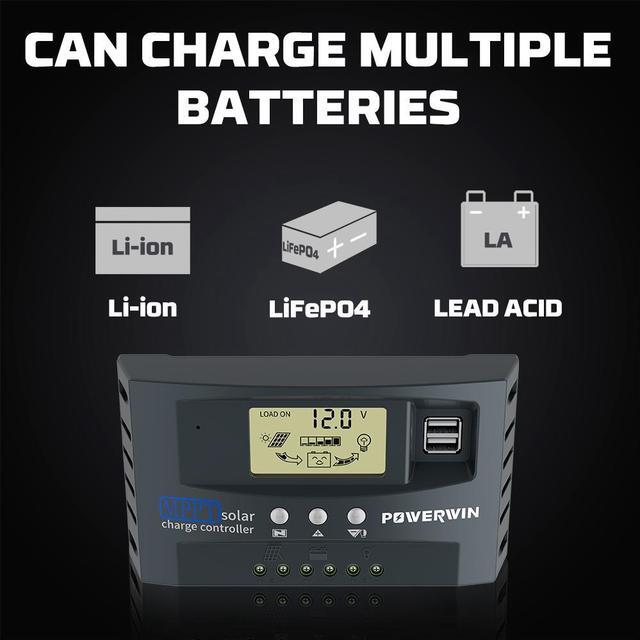 Alt view image 2 of 7 - POWERWIN 50A MPPT 12V 24V Solar Charge Controller Solar Charge Regulator with Adjustable LCD Display Dual USB Solar Panel Regulator for LiFePO4 Battery Lithium Battery