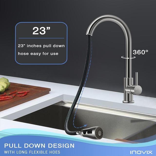 Alt view image 6 of 7 - POWERWIN Kitchen Faucets with Pull Down Sprayer Kitchen Sink Faucet High Arc Single Handle Stainless Steel Brushed Nickel Sink Faucet for Farmhouse Camper Laundry Rv Bar