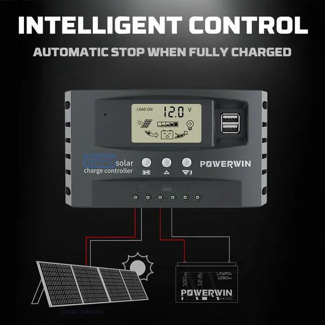 Alt view image 2 of 7 - POWERWIN 50A MPPT 12V 24V Solar Charge Controller Solar Charge Regulator with Adjustable LCD Display Dual USB Solar Panel Regulator for LiFePO4 Battery Lithium Battery