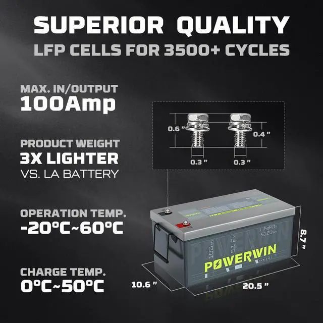 Alt view image 7 of 7 - POWERWIN 48V 100Ah LiFePO4 Battery BT5120, 48V (51.2V)  Grade A Cells Lithium Battery, 4800W 5120Wh Load Power, Built-in 100A BMS, Perfect for 48V Inverter, Backup Power, Solar System, RV, Off Grid