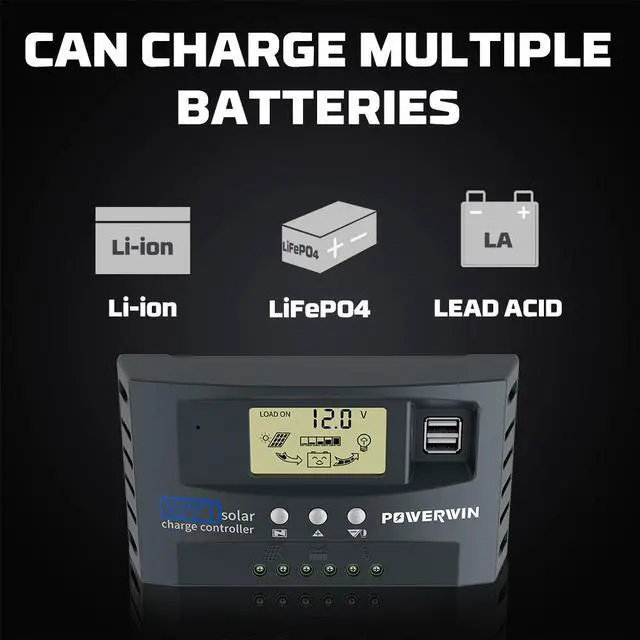 Alt view image 2 of 7 - POWERWIN 50A MPPT 12V 24V Solar Charge Controller Solar Charge Regulator with Adjustable LCD Display Dual USB Solar Panel Regulator for LiFePO4 Battery Lithium Battery
