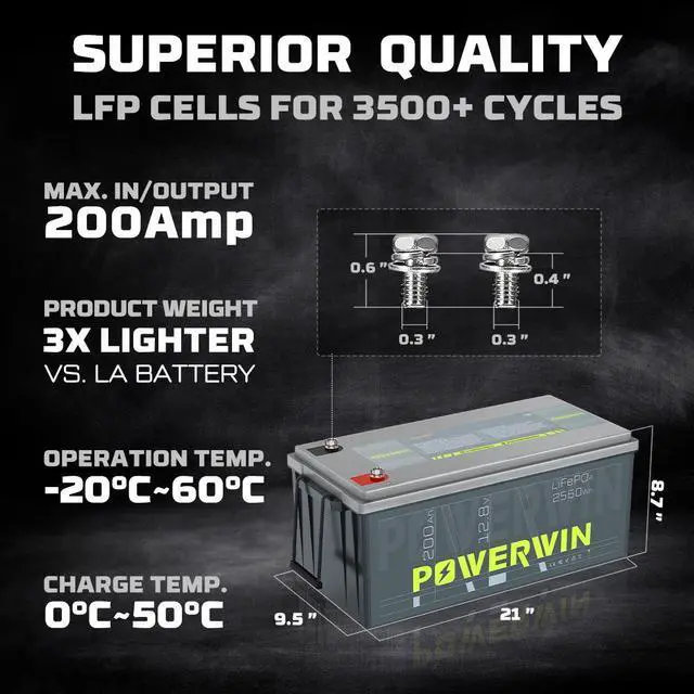 Alt view image 5 of 7 - POWERWIN BT200 12V 200Ah LiFePO4 Battery with BMS - Ultra Long 15,000 Cycles, Deep Cycle, Low-Temp Protection, Ideal for Solar, RV, Off-Grid, Marine, Trolling Motors & Home Energy Storage