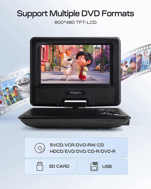 Alt view image 3 of 7 - Yoton Portable DVD Player with 7.5" HD Swivel Screen, 4-6 Hours Built-in Battery for Kids and Car