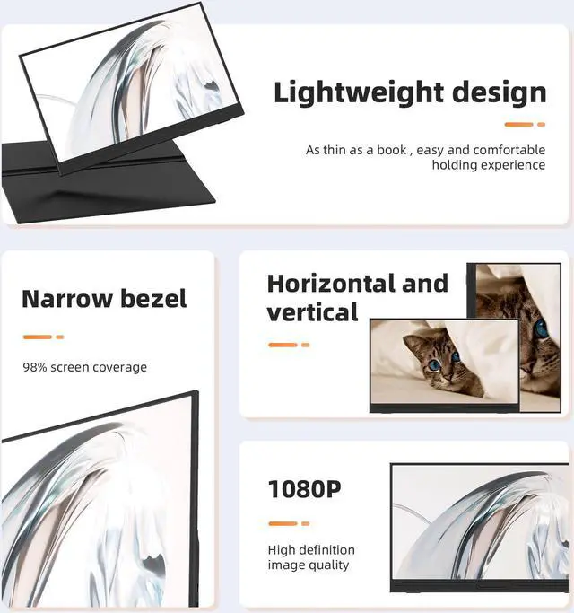 Alt view image 2 of 7 - Portable Monitor 15.6 Inch FHD 1080P USB-C HDMI Computer Display IPS HDR Second External Monitor for Laptop PC Phone Xbox PS4 Switch,Built-in Speaker/Smart Cover Included