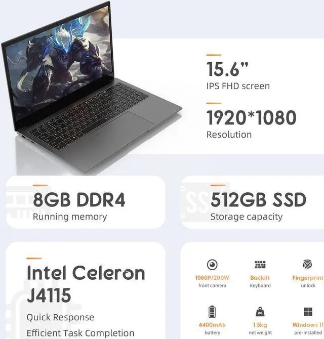 Alt view image 2 of 7 - RATEYUSO 15.6" Laptop Windows 11, Intel J4115 8GB RAM DDR4+512GB SSD, FHD 1080P IPS Display,Full Size Keyboard with Fingerprint Reader,Bluetooth 4.2,WIFI 2.4G/5G