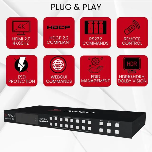 Alt view image 7 of 7 - AvicoTech 8x8 HDMI Matrix Switch | HDMI 2.0 4K60 | ARC | HDR | Dolby Vision | Downscaling | Web GUI | Switcher | Splitter