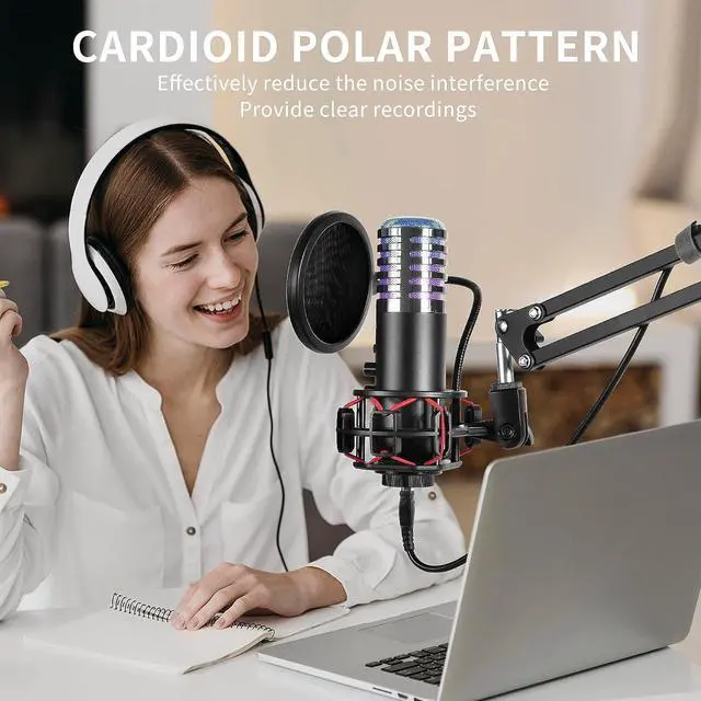 Alt view image 6 of 7 - USB Gaming Condenser Microphone for PC PS4, PS5 Computer Streaming Podcast Studio, Cardioid Gaming Mic Kit for Recording YouTube with Boom Arm Stand Pop Filter, Mute Button, Volume, Echo, Red