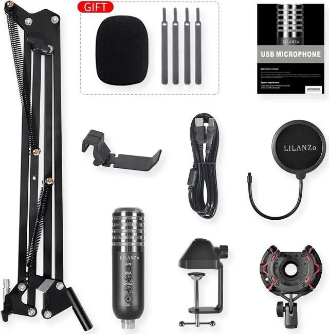 Alt view image 7 of 7 - USB Gaming Condenser Microphone for PC PS4, PS5 Computer Streaming Podcast Studio, Cardioid Gaming Mic Kit for Recording YouTube with Boom Arm Stand Pop Filter, Mute Button, Volume, Echo, Red