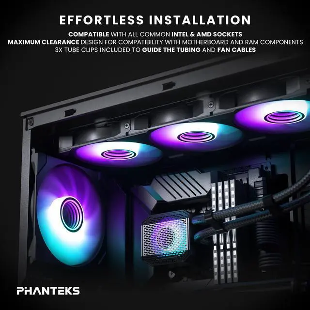 Alt view image 3 of 6 - Phanteks Glacier One 360M25 G2 AIO Liquid CPU Cooler, Black, RGB Pump Cap Design, 3x Performance 120mm M25 G2 PWM RGB Fans, for Intel LGA 1700, 1851, 1200, 115x and AMD AM4/AM5 sockets, Black
