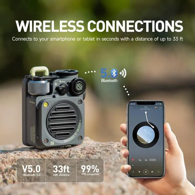 Alt view image 4 of 7 - Muzen Wild Mini Rugged Outdoor Speaker, Bluetooth 5.0 Portable Speaker with Built-in Flashlight, Crystal Clear Sound, Wireless Waterproof Speakers for Travel, Outdoors Gray