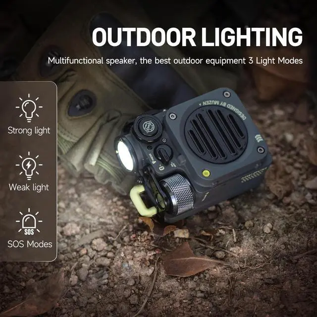 Alt view image 5 of 7 - Muzen Wild Mini Rugged Outdoor Speaker, Bluetooth 5.0 Portable Speaker with Built-in Flashlight, Crystal Clear Sound, Wireless Waterproof Speakers for Travel, Outdoors Gray