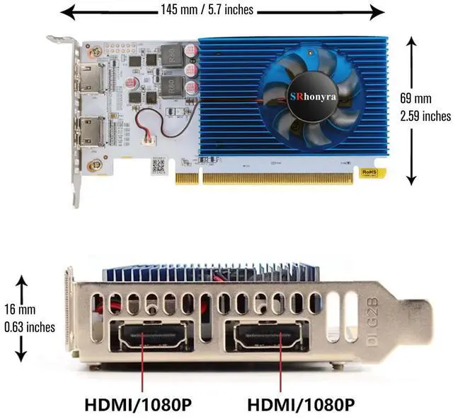Alt view image 5 of 7 - SRhonyra R5 230 Low Profile Graphics Card 2GB DDR3 Dual HDMI 1080P  PCIe 2.0 x16 Bus Powered Support Splicing Mode 20 Watts SFF GPU