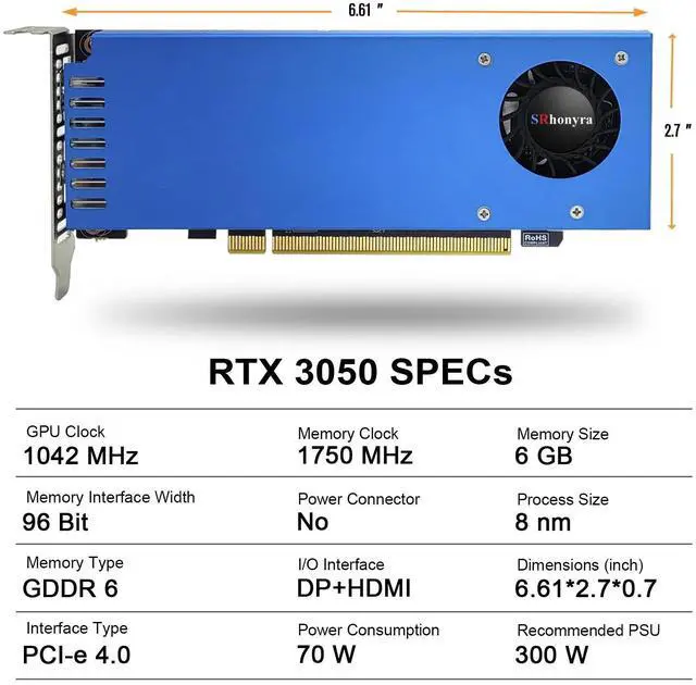 Alt view image 2 of 5 - SRhonyra RTX 3050 6GB Low Profile Graphics Card, GDDR6 96-Bit DisplayPort and HDMI Dual Monitor Display, PCIe 4.0 x 16 Bus Powered, Single Slot Width, Low-Profile-Ready Video Card for Compact PCs