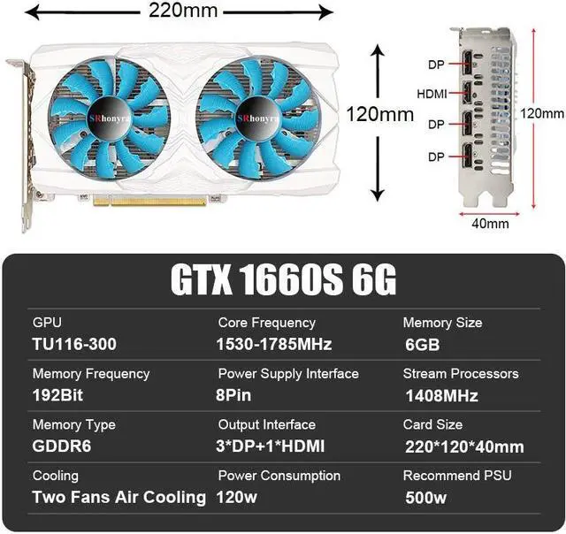 Alt view image 2 of 6 - SRhonyra GTX 1660 Supper 6GB DDR6 192bit Gaming graphics card  8Pin PCIe 3.0x16 Supprt  4 Monitors 3xDisplay Port + 1x HDMI Port