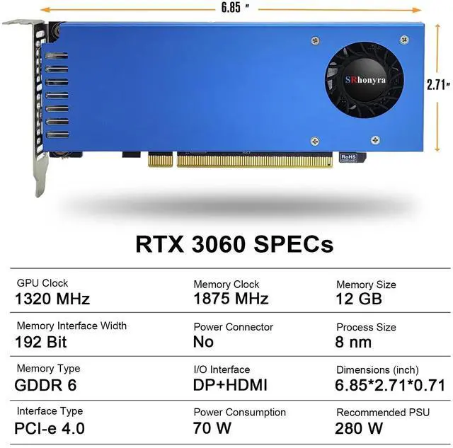 Alt view image 2 of 7 - SRhonyra RTX 3060 12GB GDDR6 Low Profile Graphics Card 192-Bit DisplayPort and HDMI Outputs Support Dual Monitors Setup, PCIe 4.0 x 16 Bus Powered, Video Card Design for Compact PC Case