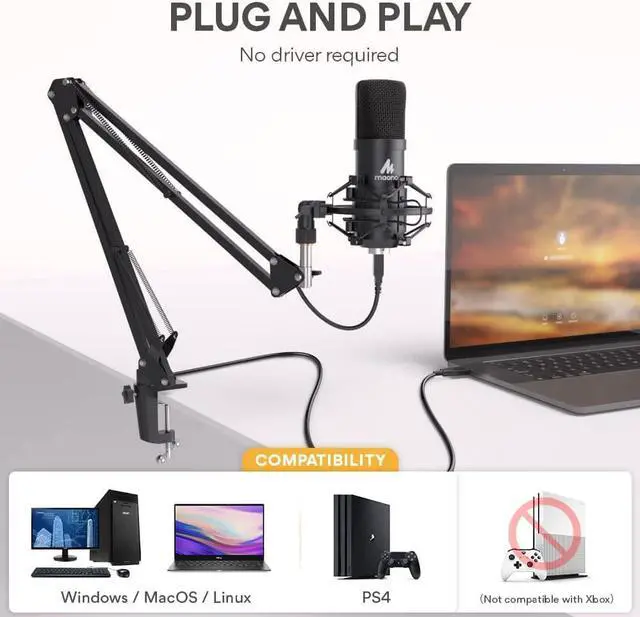 Alt view image 4 of 7 - USB Microphone, MAONO 192KHZ/24Bit Plug & Play PC Computer Podcast Condenser Cardioid Metal Mic Kit with Professional Sound Chipset for Recording, Gaming, Singing, YouTube (AU-A04)