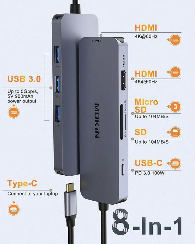 Alt view image 2 of 7 - USB C to Dual HDMI Adapter, USB C Docking Station Dual Monitors for Windows,USB C Adapter with Dual HDMI,3 USB Port,SD/TF, PD Port Compatible for Dell XPS 13/15, Lenovo Yoga,etc