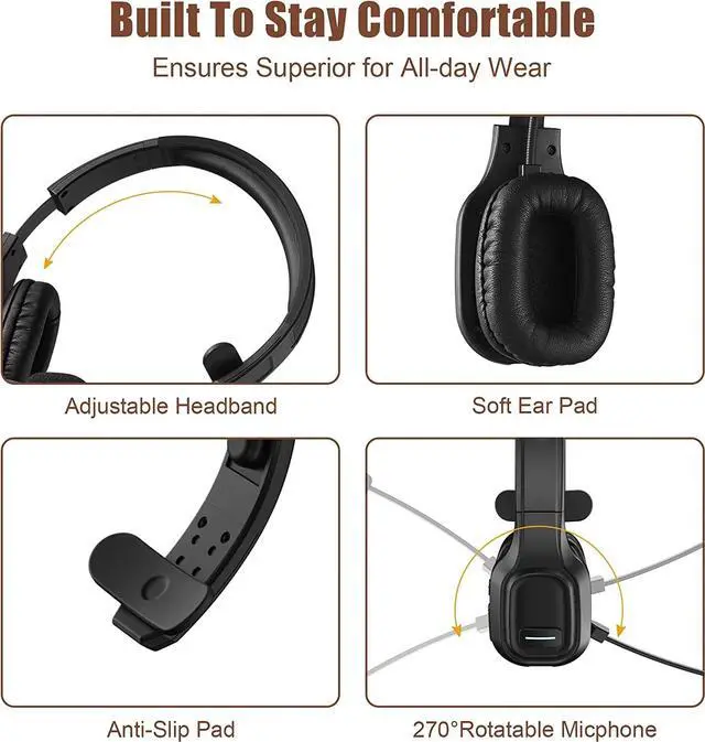 Alt view image 3 of 7 - COMEXION Trucker Bluetooth Headset V5.0, Wireless Headset with Noise Canceling&Mute Microphone for Cell Phones, On Ear Bluetooth Headphone for Computer, Zoom Meetings, Skype, Home Office