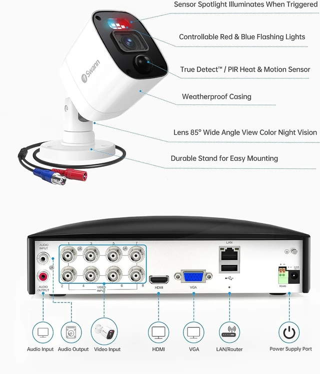 Alt view image 8 of 9 - Swann - Enforcer 8 Channel, 8 Camera Indoor/Outdoor, Wired 1080p 1TB HD DVR Security System with 1-Way Audio over Coax