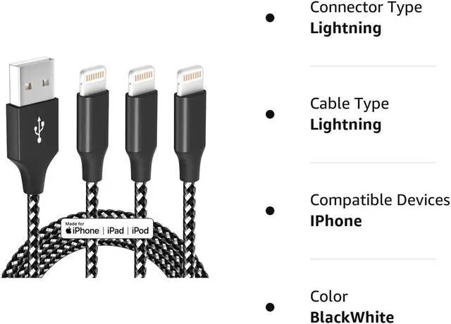 Alt view image 7 of 7 - KEHIPI iPhone Charger 3 Pack 10 ft Apple MFi Certified Lightning Nylon Braided Cable Fast Charging Cord Compatible with iPhone 13 12 11 Pro Max XR XS X 8 7 6 Plus SE iPad and More