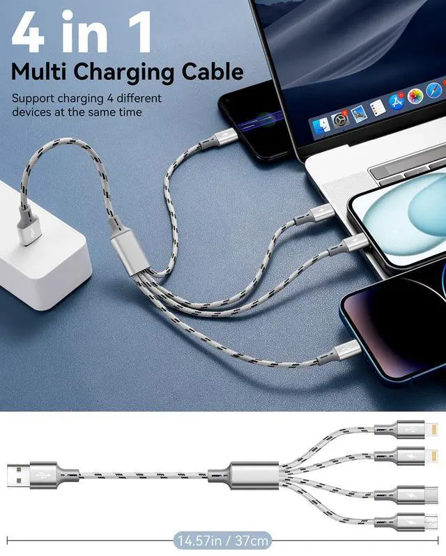 Alt view image 4 of 7 - KEHIPI Multi Charging Cable 2Pack 1Ft Short Multi Charging Cord Braided 4 in 1 Multiple USB Cable Charger Cable with Lightning/Type C/Micro USB Port for Cell Phone, iPhone, Galaxy, PS, Tablets