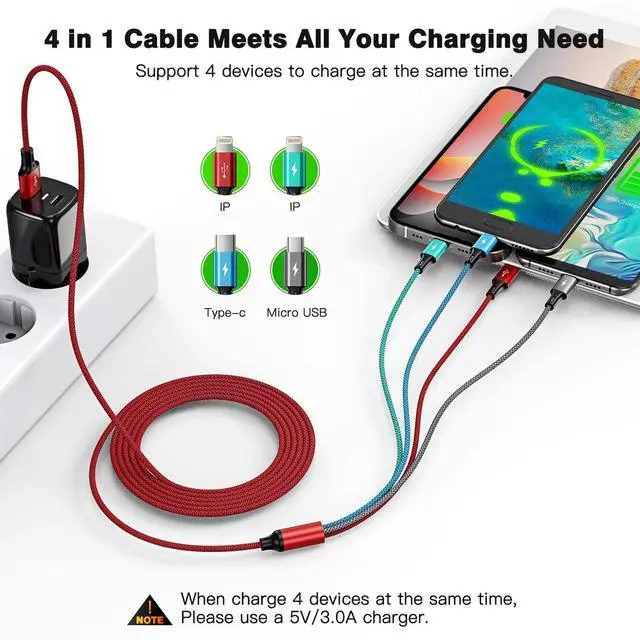 Alt view image 2 of 7 - KEHIPI 6ft 2Pack Multi Charging Cable,4 in1 Charging Cable Charging Cables for Multiple Devices Nylon Braided Universal Phone Charger Cord with IP/USB-C/Micro Port for Cellphone,iPhone,Samsung,Tablets