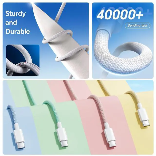 Alt view image 2 of 7 - KEHIPI USB C Cable, 3 Pack 6FT 60W USB C to USB C Charger Cable 48 Strand Braided Colorful Type C Fast Charging Cable Cord Compatible with iPhone16/15/Pro/Max/Plus/MacBook/iPad Pro/Air/Samsung/Android