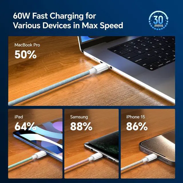 Alt view image 4 of 7 - KEHIPI USB C to USB C Cable(3 Pack 6.6ft), 60W USB C Charger Cable Type C Fast Charging Cable Long Nylon Braided Cord Compatible with iPhone 15 Pro Max Plus iPad Samsung S23 and More
