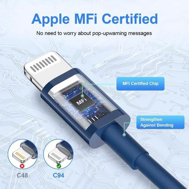 Alt view image 4 of 7 - KEHIPI USB C to ightning Cable 2Pack 10FT for iPhone Fast Charger CableMFi Certified Type C to ightning Charging Cord Compatible with iPhone 14 13 13 Pro Max 12 12 Pro Max 11 XS XR X 8 iPad, Blue
