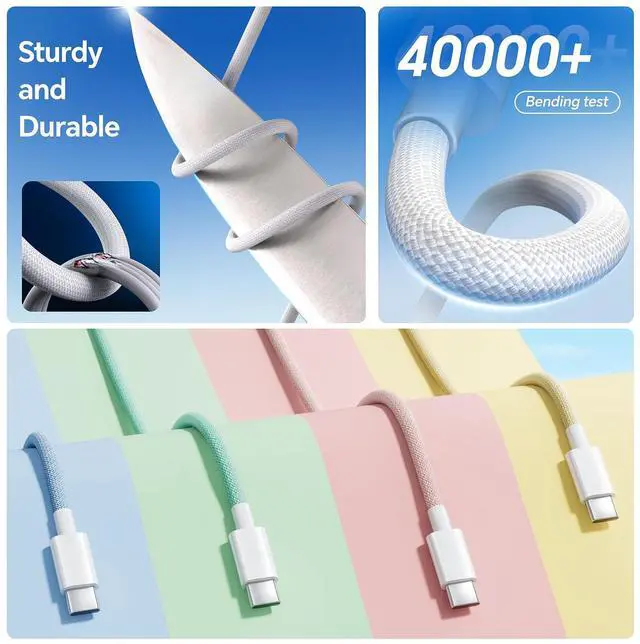 Alt view image 2 of 7 - KEHIPI USB C Cable, 3 Pack 6FT 60W USB C to USB C Charger Cable 48 Strand Braided Colorful Type C Fast Charging Cable Cord Compatible with iPhone16/15/Pro/Max/Plus/MacBook/iPad Pro/Air/Samsung/Android