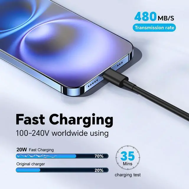 Alt view image 2 of 7 - KEHIPI USB C to USB C Cable(2-Pack),20W Wall Charger Block Type C Charging Cord Fast Charge 6FT/10FT Long Compatible with Phone 17 16/15/15 Plus/15 Pro/15 Pro Max/Galax S24/S23/S22 and More,Black