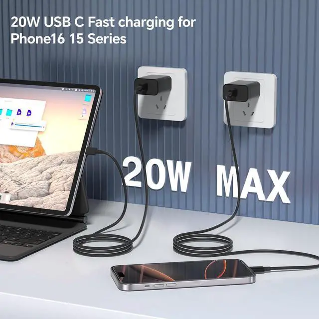 Alt view image 4 of 7 - KEHIPI USB C to USB C Cable(2-Pack),20W Wall Charger Block Type C Charging Cord Fast Charge 6FT/10FT Long Compatible with Phone 17 16/15/15 Plus/15 Pro/15 Pro Max/Galax S24/S23/S22 and More,Black